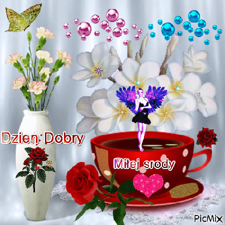 Dzień dobry miłej środy kwiaty kawa 